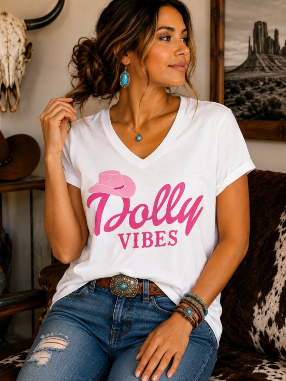 Dolly Vibes Western V Neck Graphic T Shirt Trendy Boutique Style Tee Women White